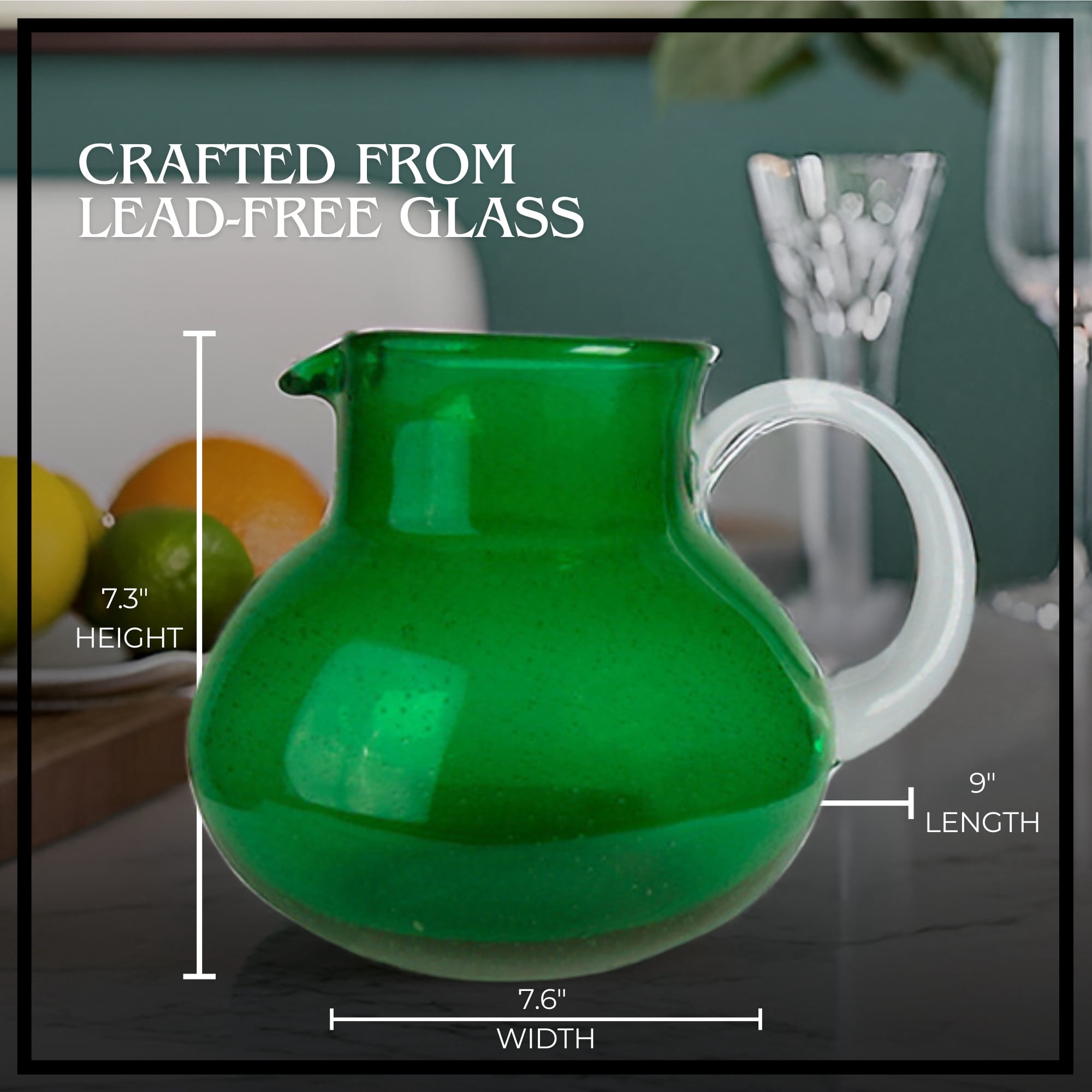 Artland Iris 90 Oz Handblown Glass Pitcher - Bubble Shape, Lead-Free - Versatile Drink Dispenser for Water, Juice, Cocktails - Enhanced Kitchen Decor, Dishwasher Safe (Green)