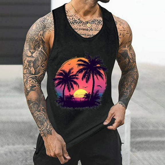 Gifts for Men! Titcea Tank Tops Men Palm Tree Printed Round Neck Sleeveless Summer Casual T Shirts Outdoor Workout Running Training Loose Comfort Tank Top