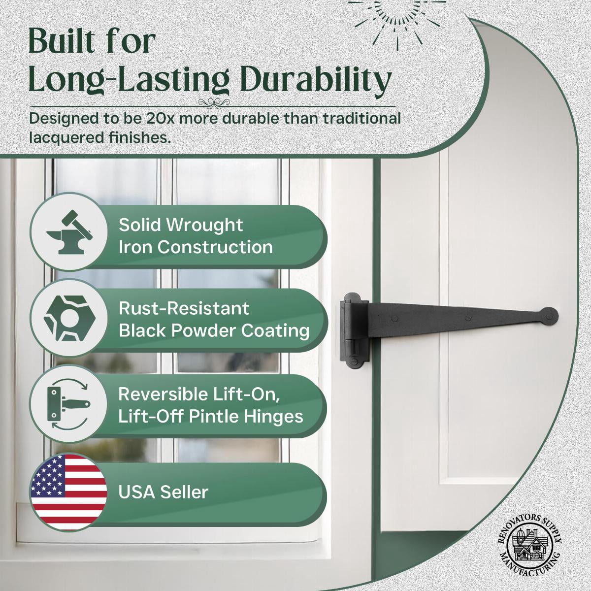Renovators Supply Black Offset Strap Lift Off Pintle Hinge 11" x 2 5/8" Wrought Iron Pin Hinges forShutters, Exterior Window Doors or Gates Offsets w/Hardware