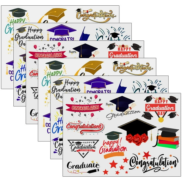 BRIGHTFUFU 6 hojas de pegatinas de tatuajes, pegatinas de tatuajes con tema de graduación, pegatinas de tatuajes corporales