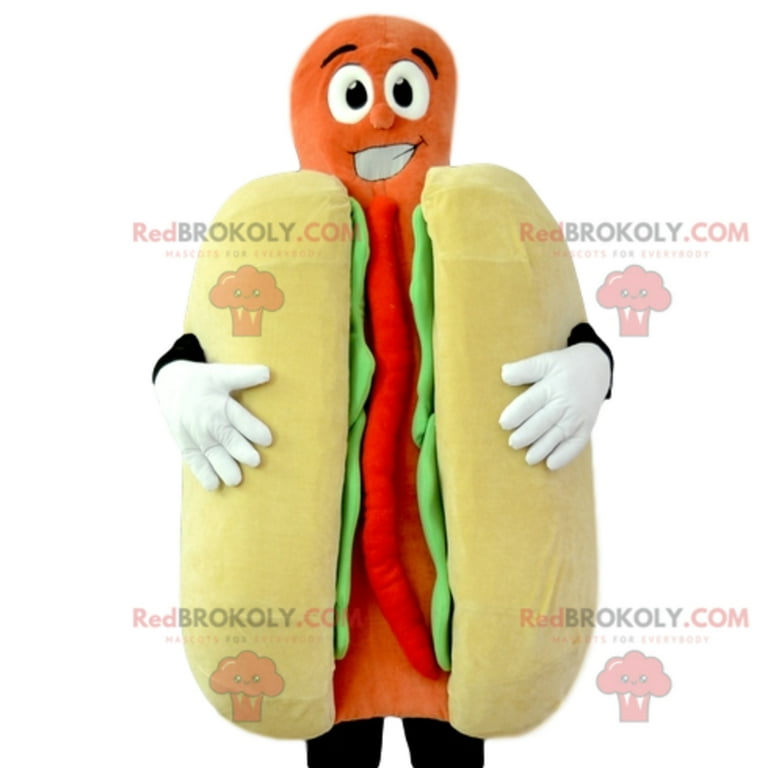 Hot dog mascot with mustard