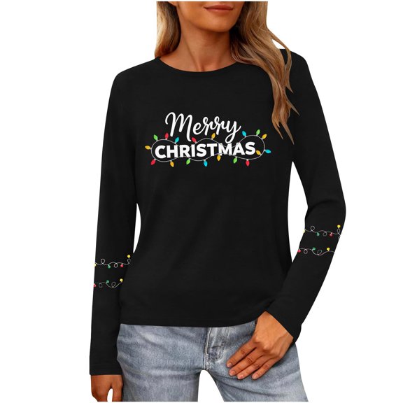 Christmas T Shirt for Women Long Sleeve Round Neck Fashion Xmas Graphic Casual Sweatshirt Tops (S, Black)