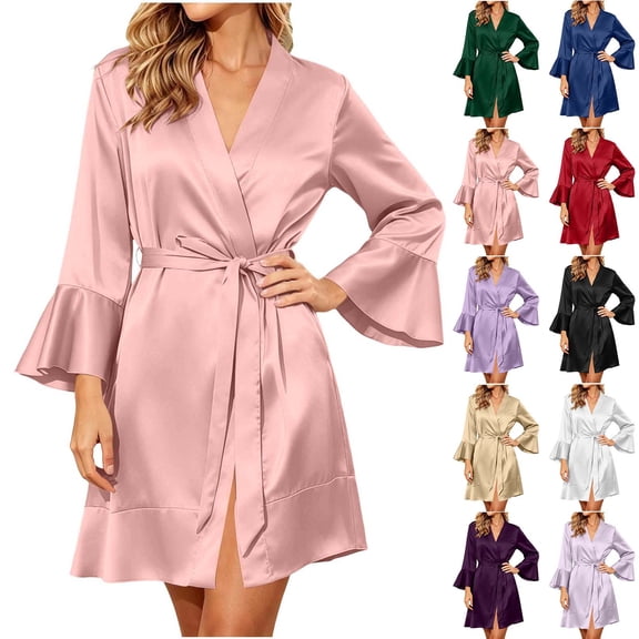 Tqcoqu Women's 3/4 Sleeve Ruffle Trim Thin Bathrobe Sleep Robe Casual Loungewear,Beige Women's S-XXL