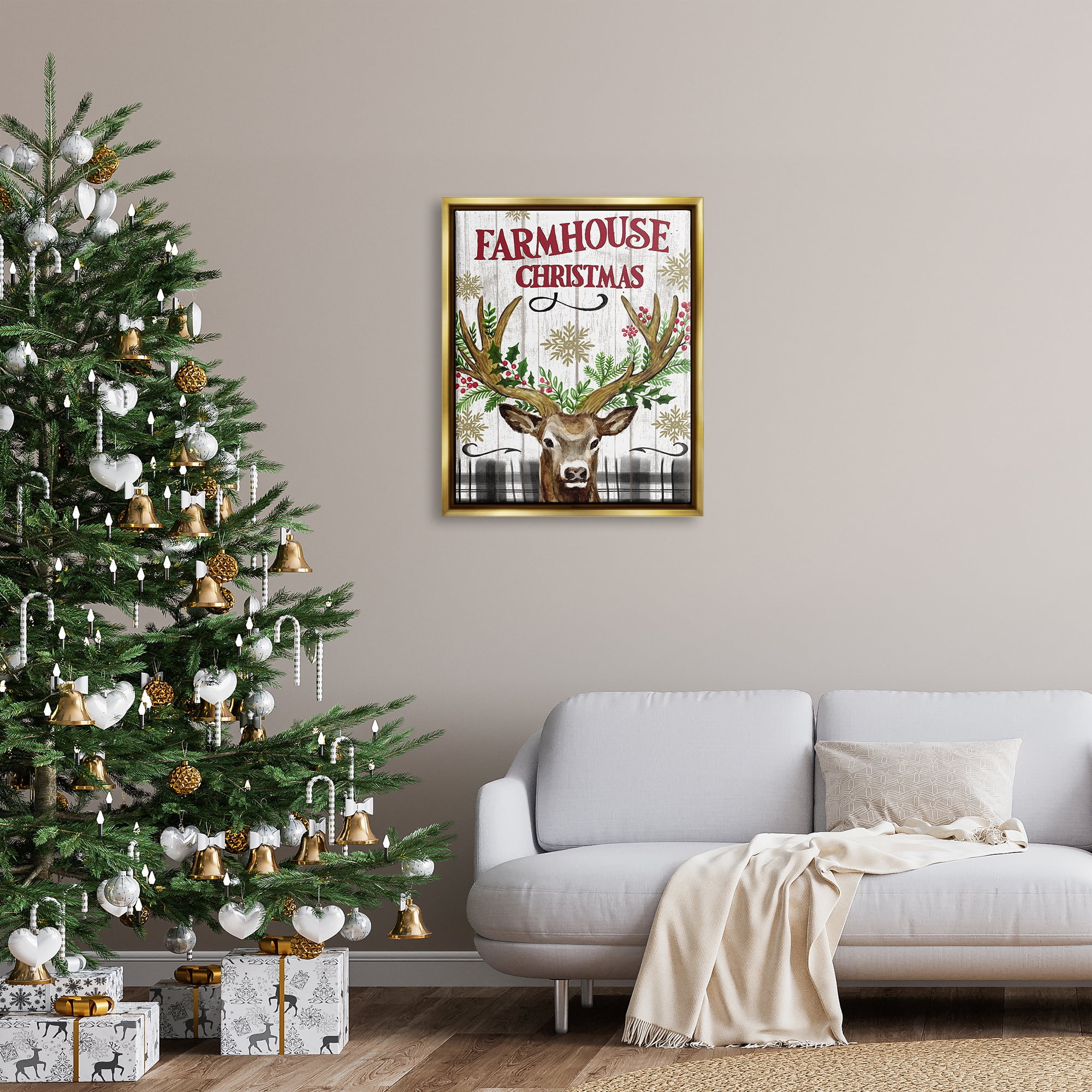 Stupell Industries Farmhouse Christmas with Plaid Holiday Painting Gold Floater Framed Canvas Art Print Wall Art, 25 x 31