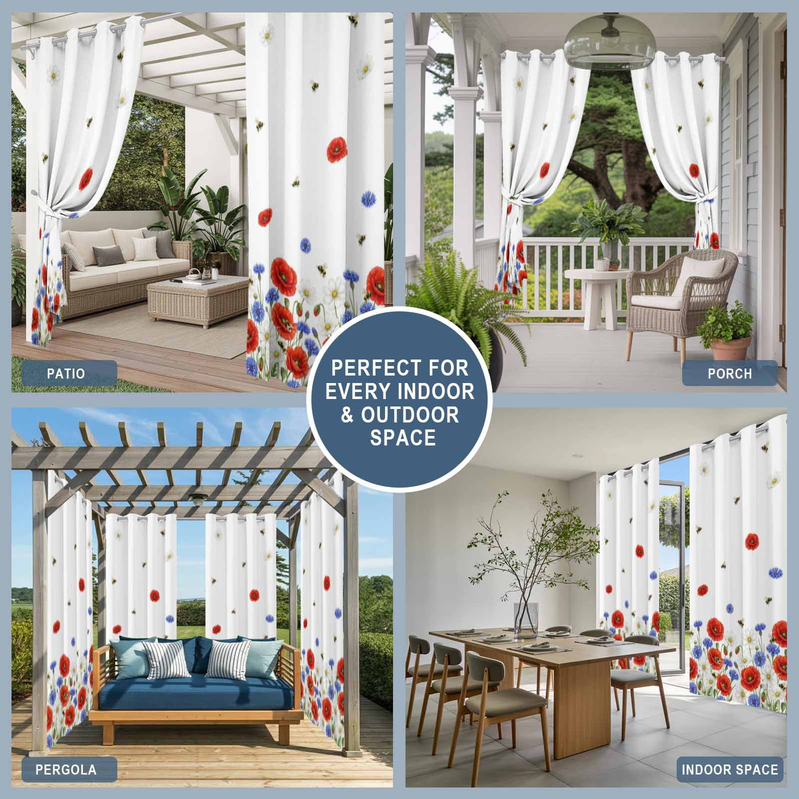 Independence Day Outdoor Curtains for Patio, Watercolor Red Blue White Daisy Cute Bee Sunshade Privacy Drapes Grommet Waterproof Outside Curtains for Porch/Cabana/Balcony 54"x 108", 1 Panel