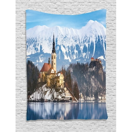 Winter Tapestry, St. Mary's Church of the Assumption Lake Bled in Slovenia Europe Travel Destination, Wall Hanging for Bedroom Living Room Dorm Decor, 40W X 60L Inches, Multicolor, by