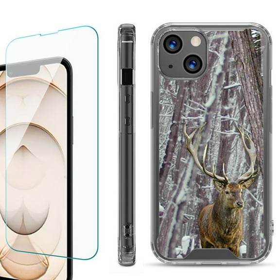 Shockproof Bumper Phone Case for iPhone 13, with Tempered Glass Screen Protector, by OneToughShield ® - Deer/Snow/Camo