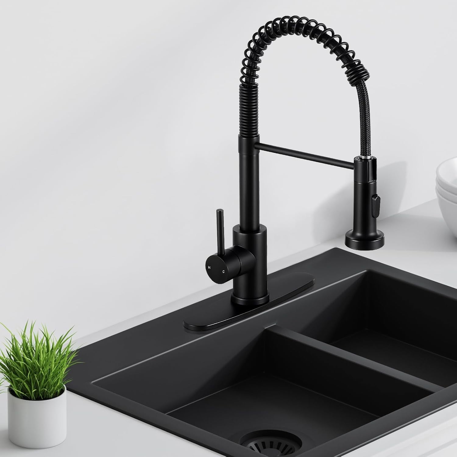 DTIG Black Kitchen Faucet, Pull-Out Sprayer, Brushed Nickel, Dual-Function, Includes Deck Plate, Water Pipes