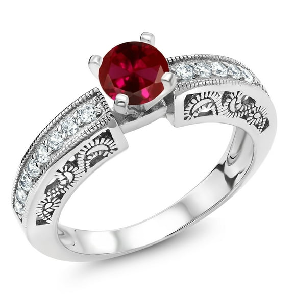 Gem Stone King 925 Sterling Silver Red Created Ruby Engagement Filigree Ring for Women (1.59 Cttw, Round 6MM, Gemstone July Birthstone, Size 9)