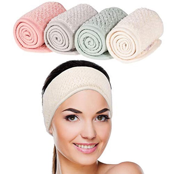 4 Pack Spa Facial Headband Makeup Hair Wrap Adjustable Hair Band Soft Towel Head Band for Face Washing, Shower Sports Yoga (Pea Green, Pink, Beige, Light Gray)