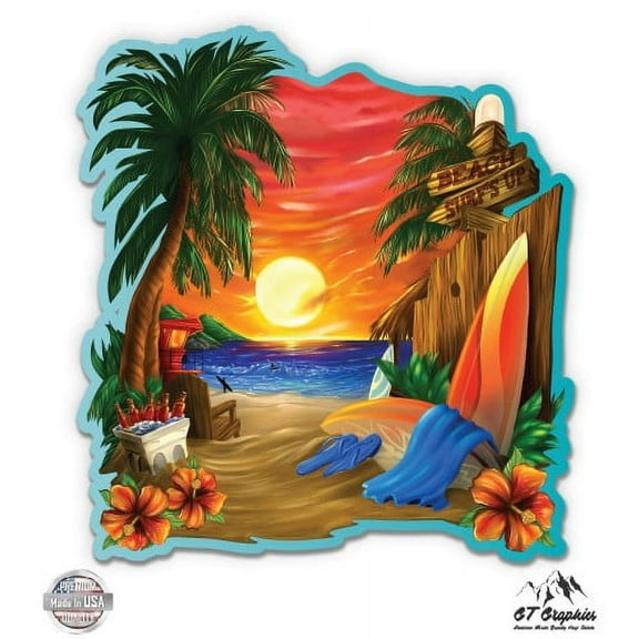 Tropical Beach Vacation - 3" Vinyl Sticker - For Car Laptop I-Pad Phone Helmet Hard Hat - Waterproof Decal