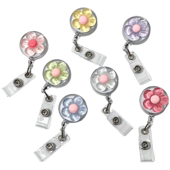 7pcs Flower ID Badge Reel Retractable Holders Gifts Nurse Gift Flower Floral Resin Round Badge Reels Retractable Clip for Nurse Doctor Worker