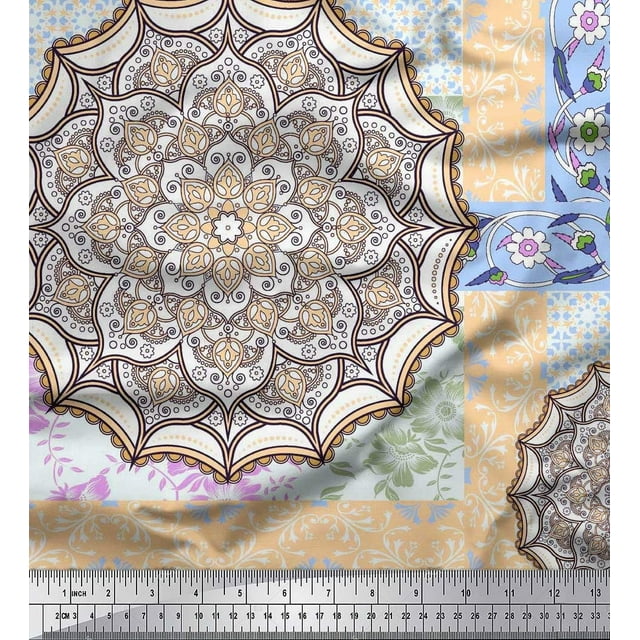 Soimoi Rayon Crepe Fabric Floral & Mandala Patchwork Print Fabric by the Yard 46 Inch Wide