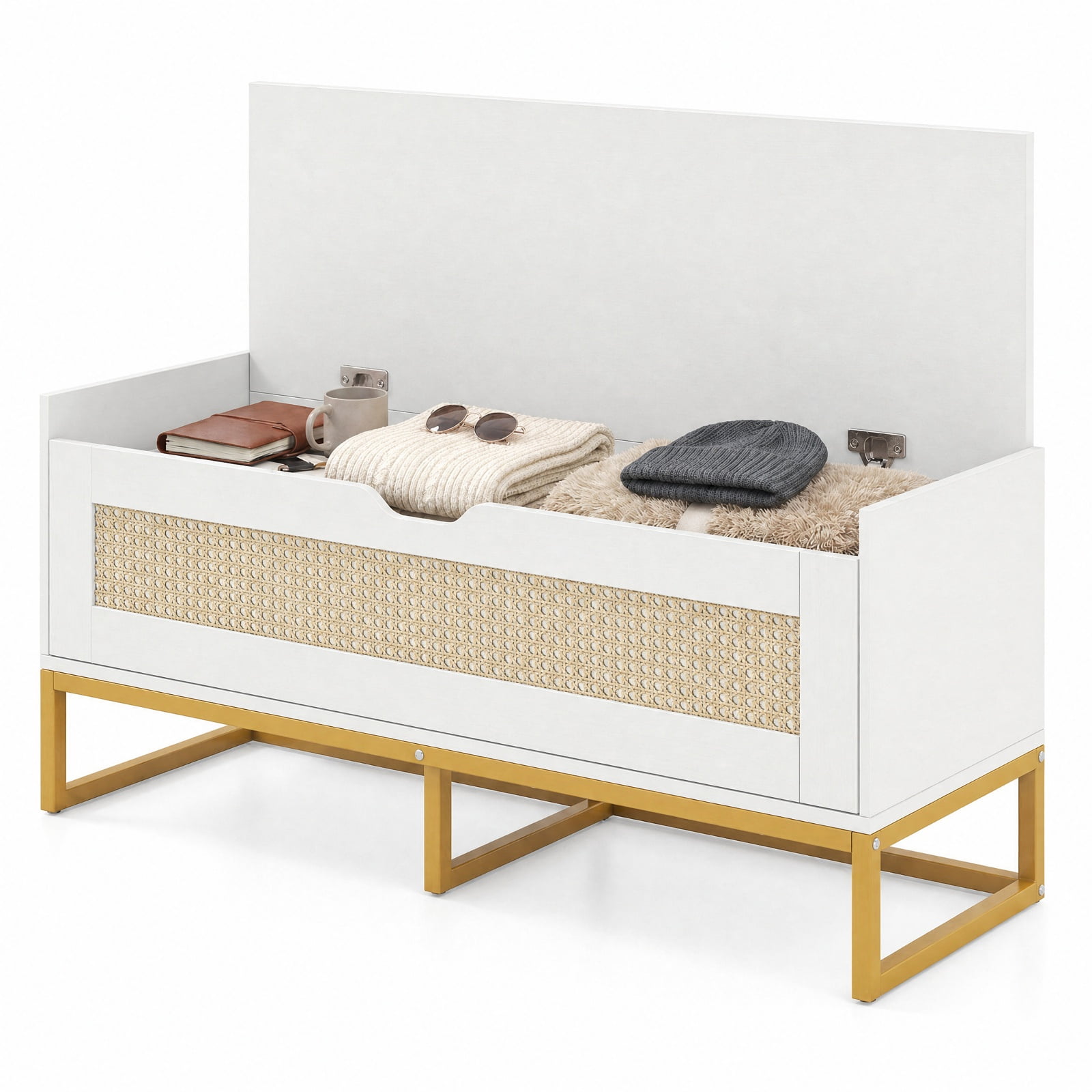 Furnibear 39.5 Inch Rattan Storage Chest Wicker Shoe Storage Bench with Padded Seat and Flip Top Lid for Entryway Bedroom and Living Room, White
