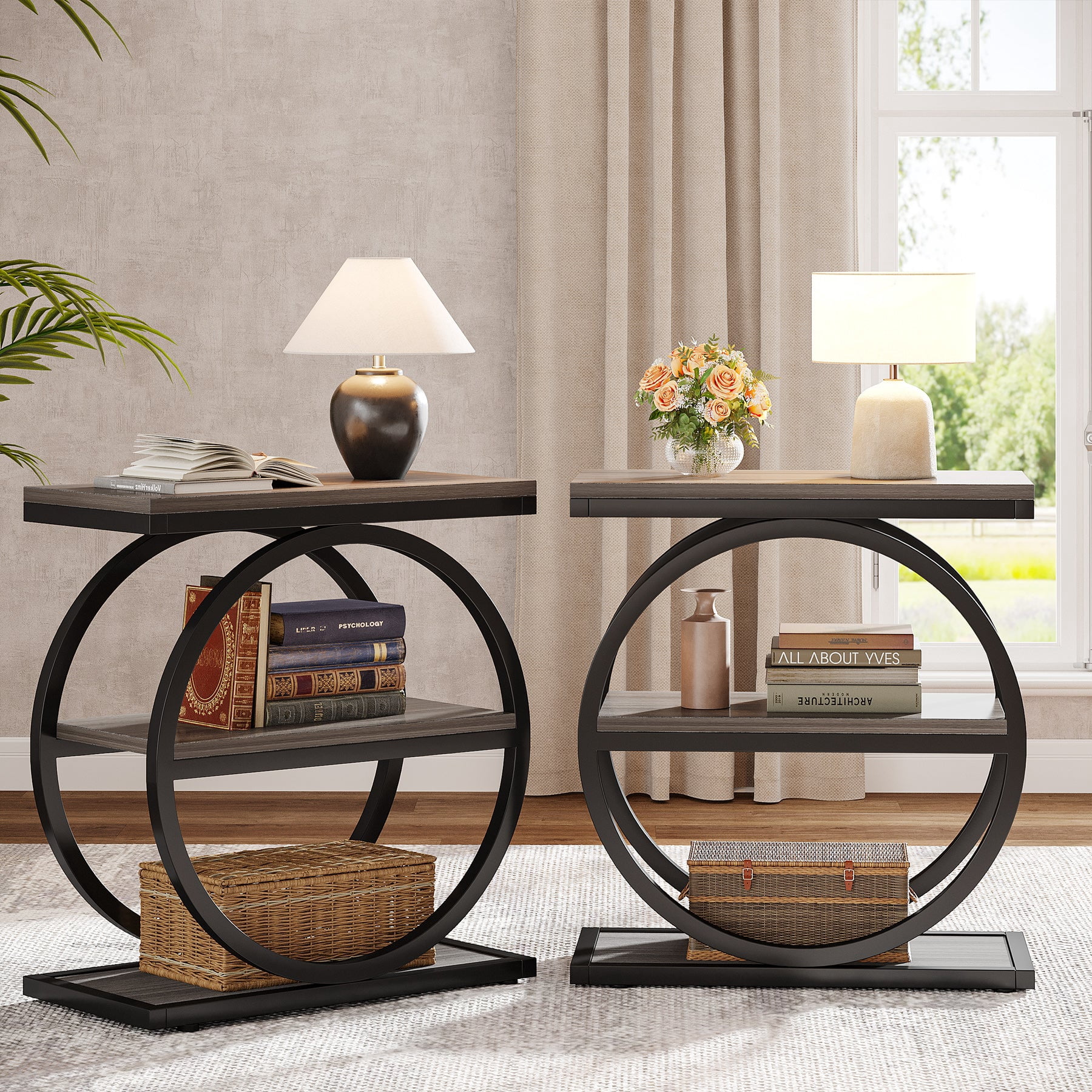 Fnova Side Table with Circular Metal Frame, End Table with 3-Tier Shelves for Living Room, Gray