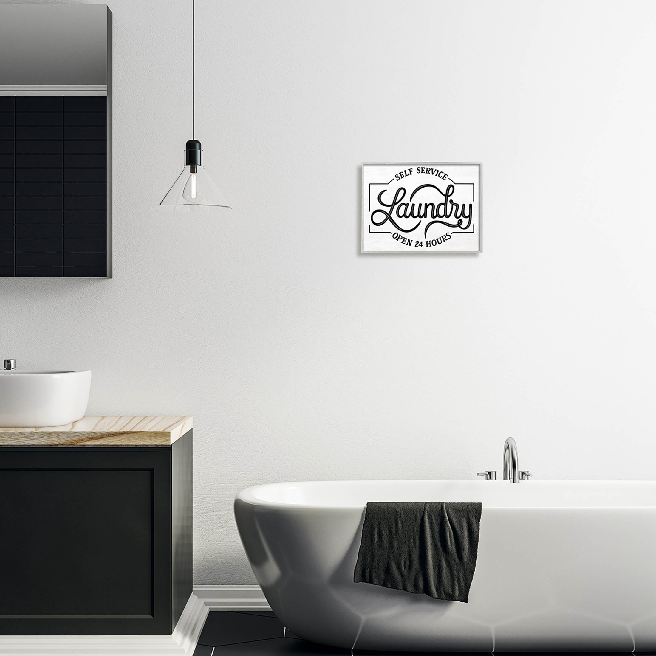 Self Service Laundry Open Sign Typography Graphic Art Gray Framed Art Print Wall Art