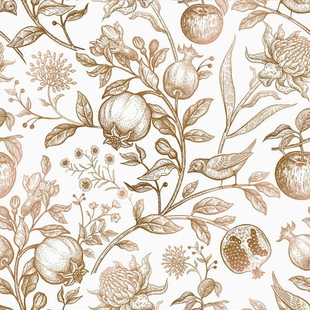 VEELIKE Exotic Gold Fruits Floral Peel and Stick Wallpaper Vintage Birds Floral Wallpaper for Bedroom Nursery 17.7''x118'' Self Adhesive Removable Floral Wall Decor Contact Paper for Walls Cabinets