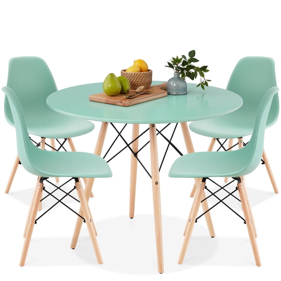 Five Piece Mid Century Modern Dining Table Set, Compact Round Kitchen Dinette With Four Chairs, Space Saving Furniture For Home Apartment, Light Green Oak
