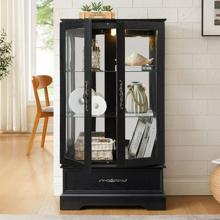 CQSXDA Lighted Glass Curio Cabinet with Adjustable Shelves and Built-in Drawer, Black