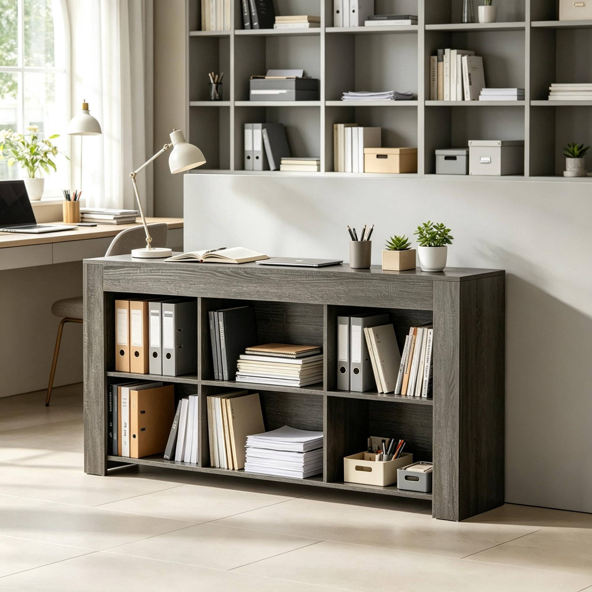 Rustic Wood Console Table with 6 Storage Cubes, 66.93 in L