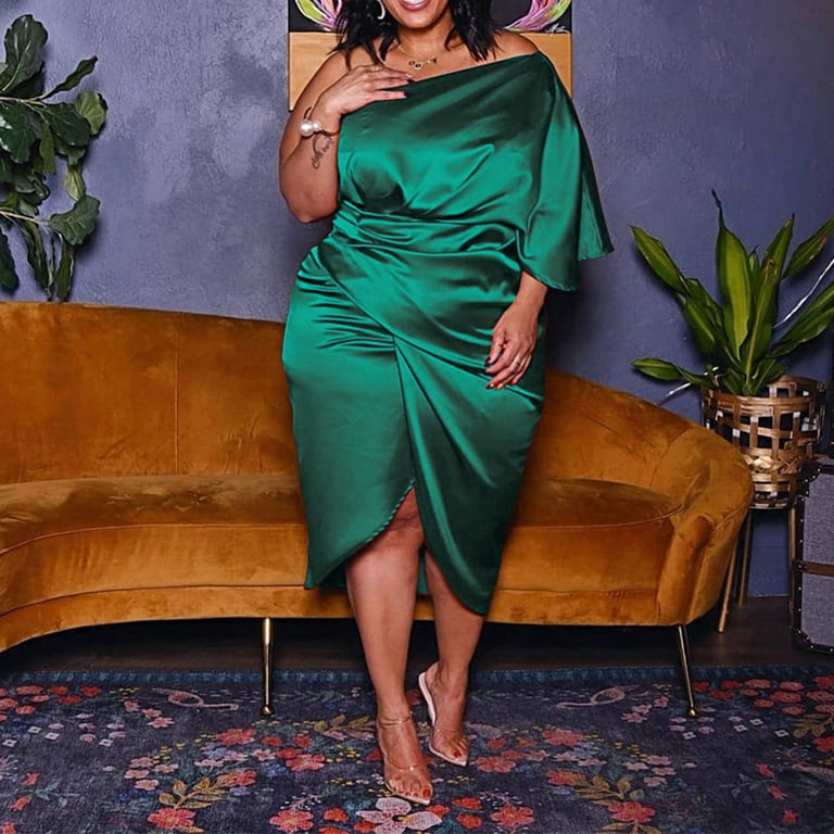 Xiaquj Summer Pleated Zipper Asymmetric One Short Sleeve Bright Women Plus Size Dress Plus Size Dress Green XL, Women's