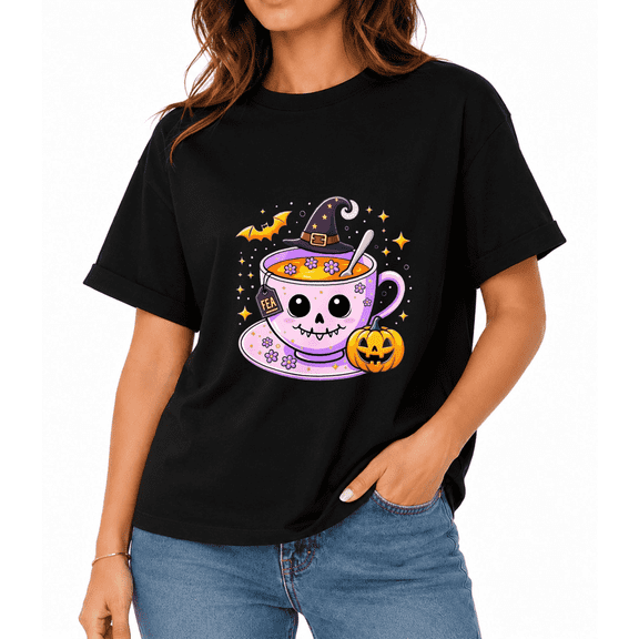 Women's Halloween Shirt, Witch Tea Cup Pumpkin Graphic Cute Spooky Short Sleeve T-Shirt