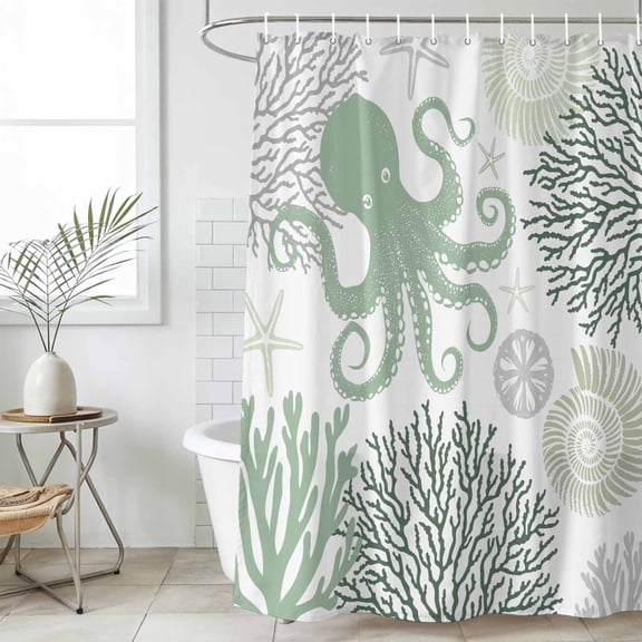 Sage Green Octopus Coastal Waterproof Fabric Shower Curtain,Nautical Coral Starfish Waterproof Fabric Shower Curtain for Bathroom Curtains Bathtubs Hotel Shower Curtains with 12 Hooks Standard 72x72