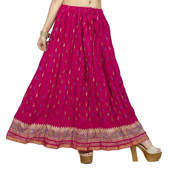 Chadrakala Women's Rayon Cotton Indian Crushed Flaire Long Maxi Skirt Gold Block Print ,Free Size, Pink (S103PIN)