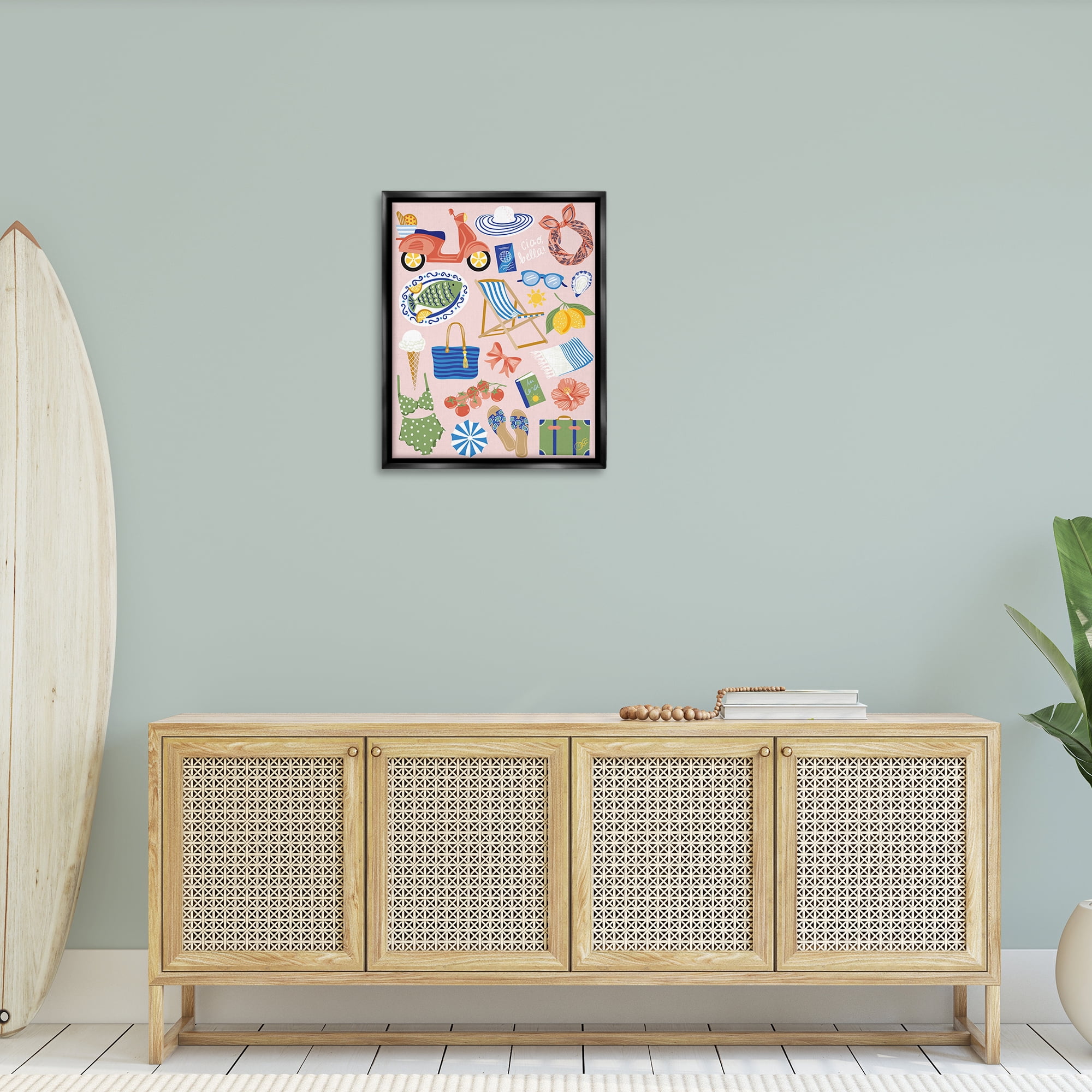 Stupell Industries Mediterranean Coast Necessities Nautical & Beach Painting Black Floater Framed Canvas Art Print Wall Art, 25 x 31