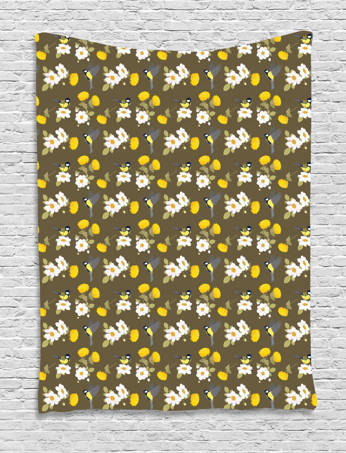 Yellow Bird Tapestry Vintage Inspired Avian Pattern With Dahlias Chrysanthemum And Titmouse Wall Hanging For Bedroom Living Room Dorm Decor 40w X 60l Inches Fawn And Multicolor By Ambesonne Walmart Com
