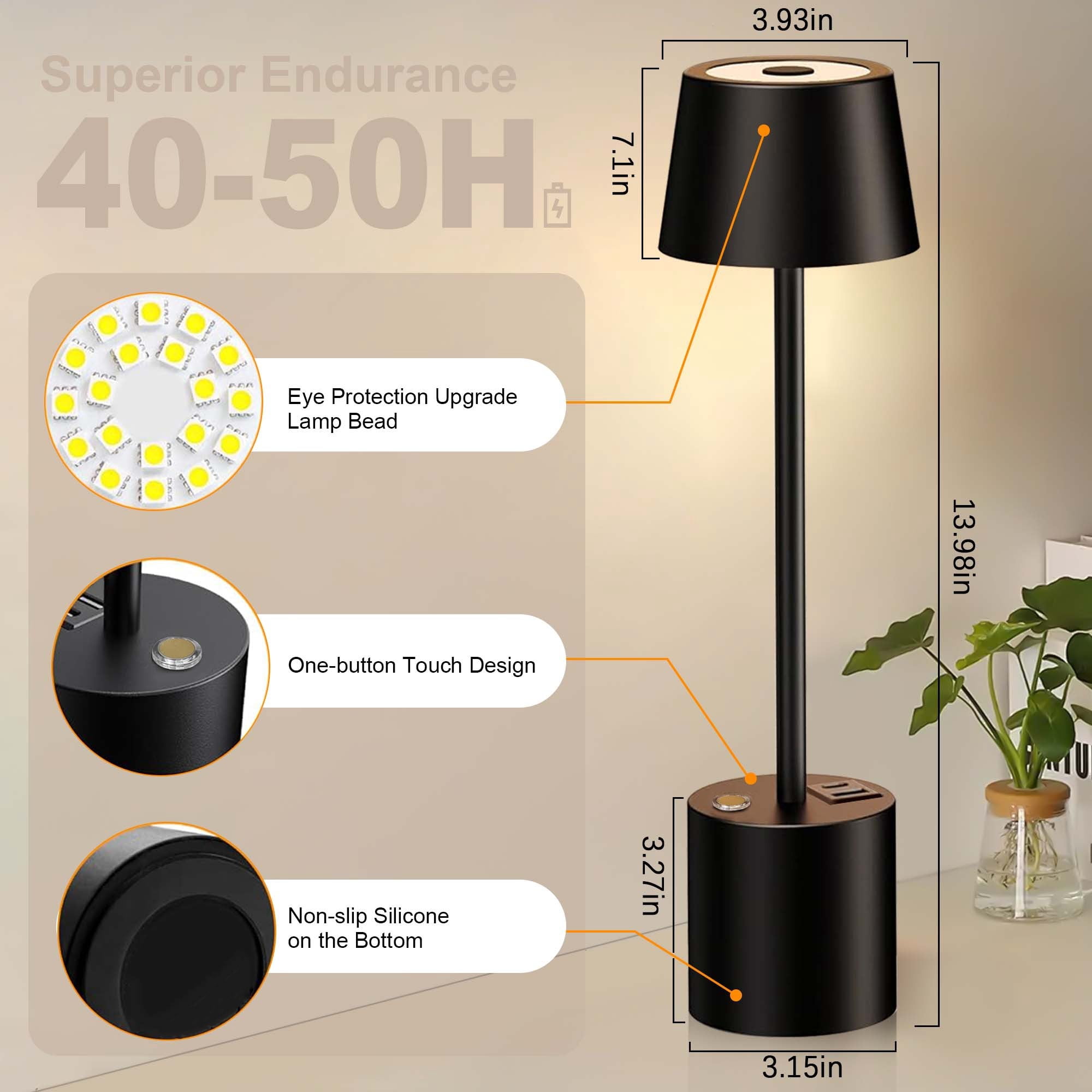 Cordless LED Table Lamp Set of 2, Portable Rechargeable Desk Lamp, Battery Operated Light with USB C+A Ports, 3 Color Dimmable Touch Lamps for Bedroom Living Room Restaurant Patio