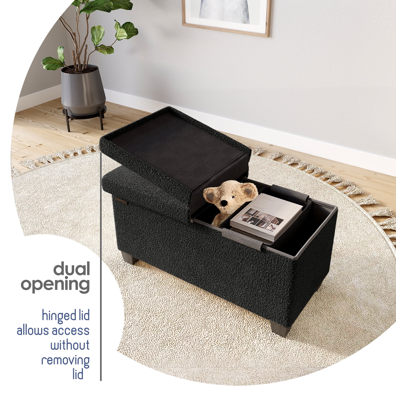 Hearth & Harbor Storage Ottoman Bench, Boucle 30" Ottoman with Storage , Black