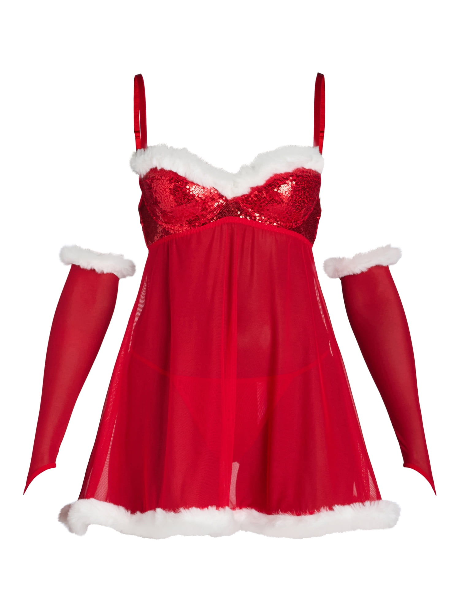 Just Sexy Lingerie Women’s Faux Fur and Sequin Babydoll Set with Gloves, 3-Piece, Sizes S-XL