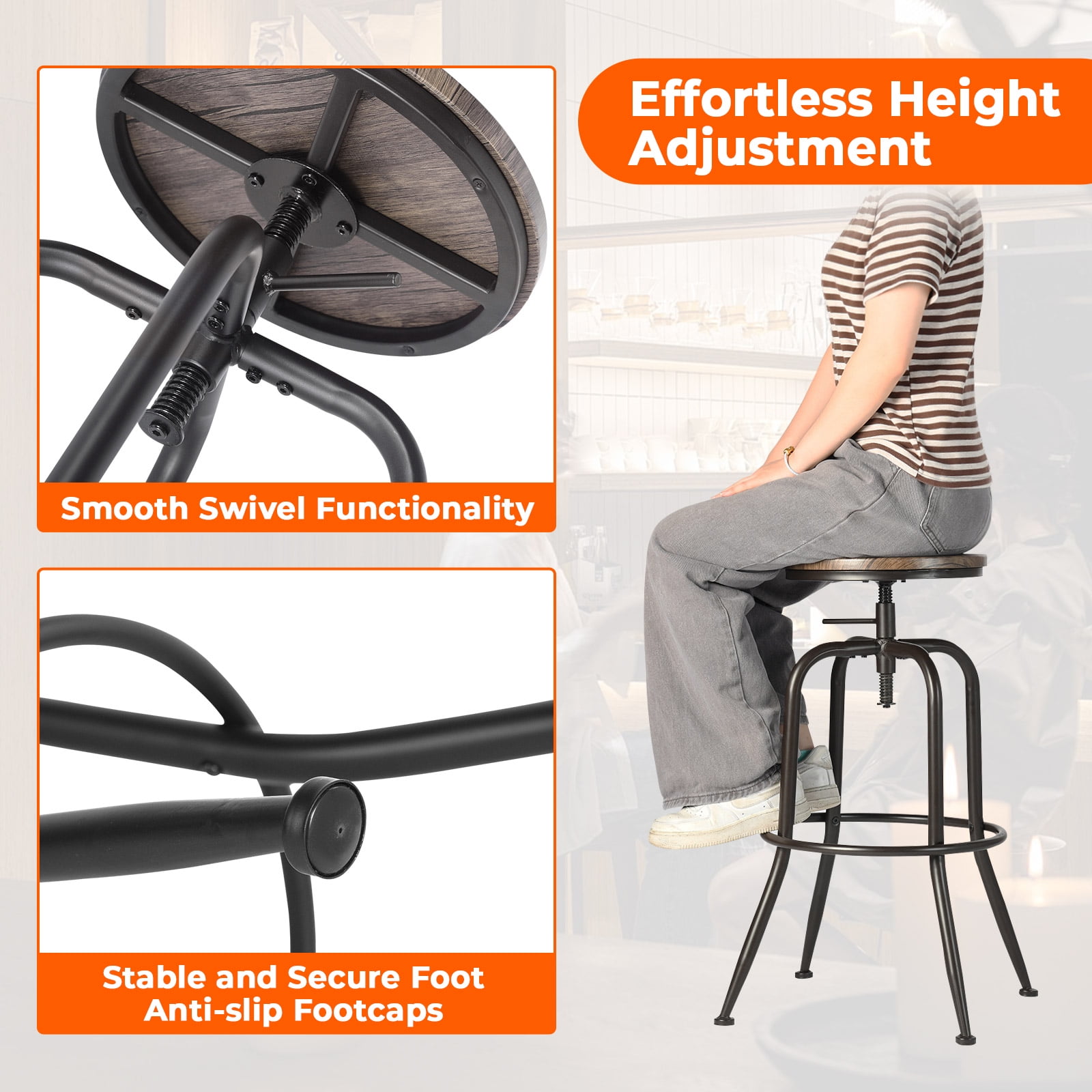 Homy Casa Swivel Bar Stools Set of 2, Adjustable Height Vintage for Home Kitchen Island, Walnut