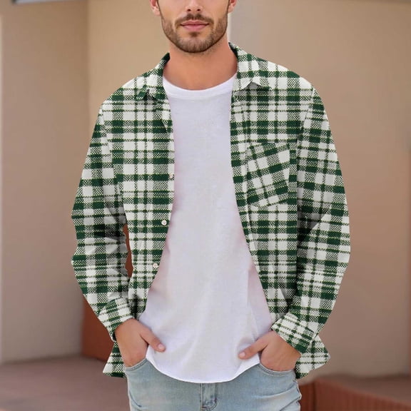 WAENQINLA Adult Shirt for Men Collared Shackets Long Sleeve Top Christmas Button Up Tees Winter Jacket with Pocket Army Green S