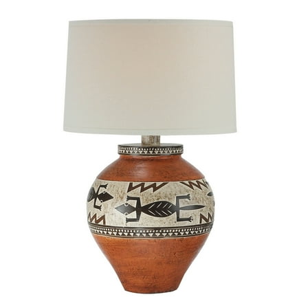 Kinn 24 Inch Hydrocal Table Lamp Drum Shade Tribal Style Urn Base Brown- Saltoro Sherpi