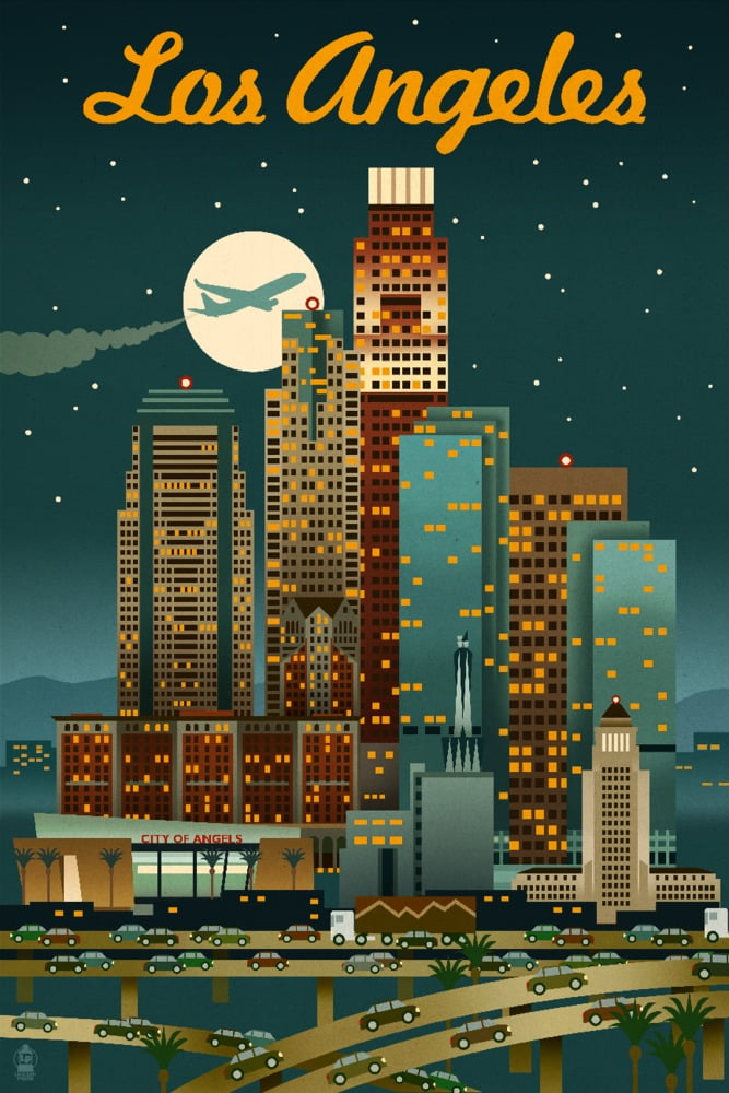 Los Angeles, California, Retro Skyline, Warmer Palette (9x12 Wall Art
