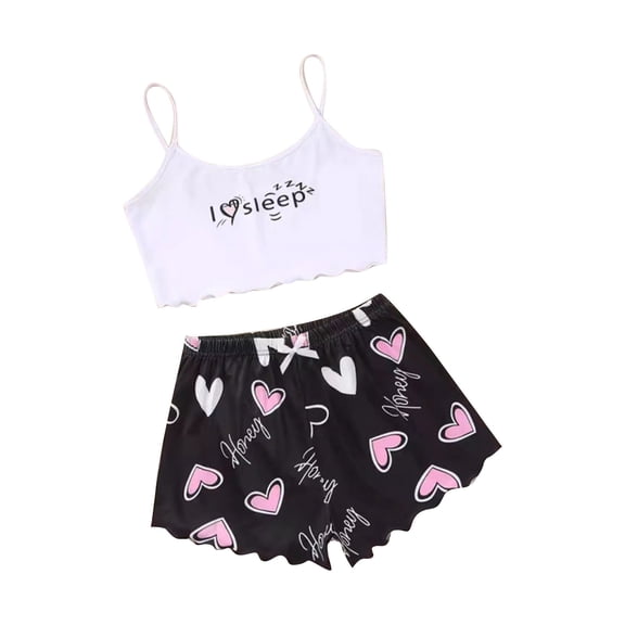XIAONU Pajama Sets for Women Cute Print Lettuce Trim Top and Shorts Sleepwear Comfortable Relaxing Evenings Nightwear