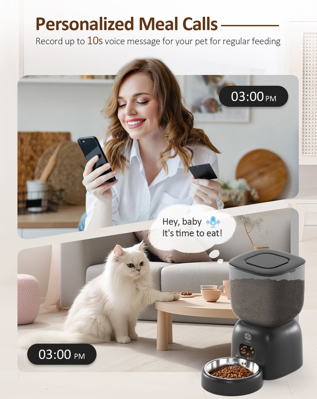 Automatic Cat Feeder and Water Dispenser Set with Pet Food Bowl, Smart Cat Food Timer Automatic Feeder, Locking Lid, Voice Recorder (Black)