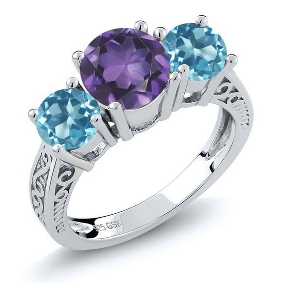 Gem Stone King 2.10 Cttw 925 Sterling Silver Purple Amethyst and Swiss Blue Topaz 3-Stone Engagement Ring | Three Stone Wedding Anniversary Promise Ring for Women (Size 9)