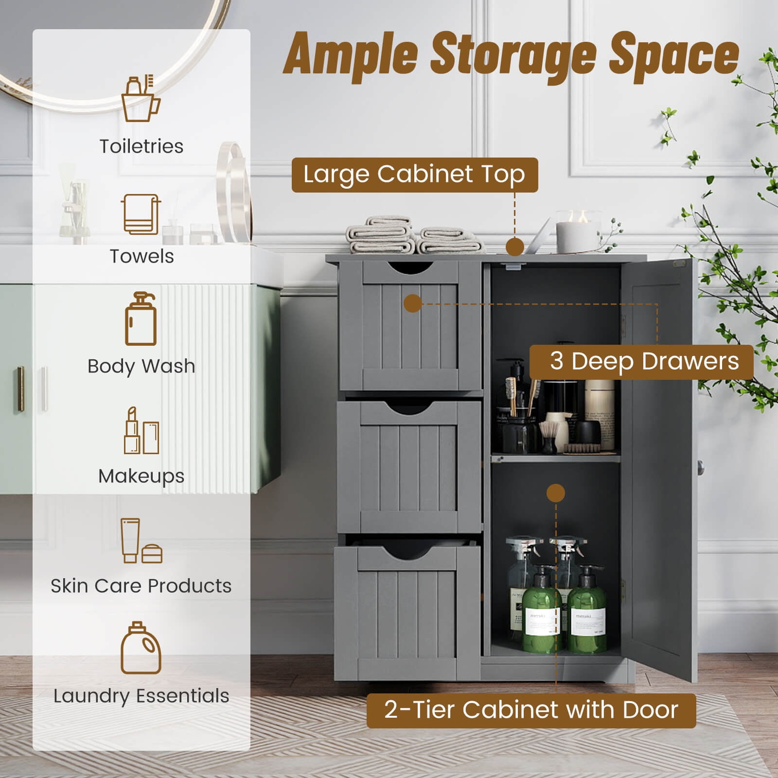 Costway Bathroom Floor Cabinet Side Storage Cabinet with 3 Drawers and 1 Cupboard Grey