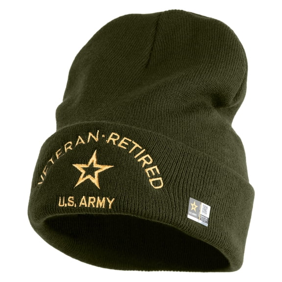 Star US Army Veteran Retired Logo Embroidered 12 Inch Long Knitted Beanie - Olive OSFM