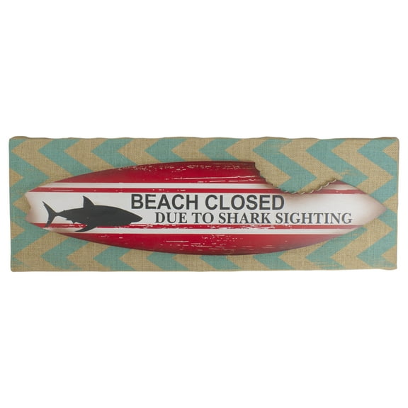Beach Closed Shark Bitten Surfboard Linen Burlap Wall Art 24"