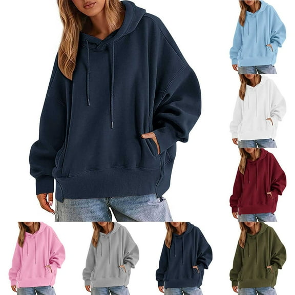 Sweatshirts for Women, Women's Loose And Casual Colored Irregular Hem Hooded Long-sleeved Sweater Jacket, Navy S