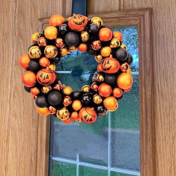 Coronas de Halloween para puerta de 14 pulgadas - Corona de bienvenida para puerta de entrada al aire libre de color naranja - Negro y naranja Celebre Halloween con estilo