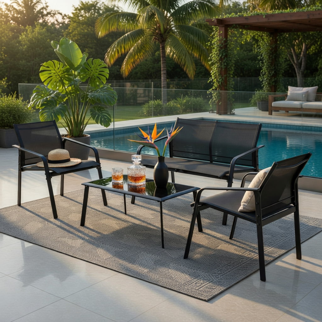 Hommoo 4-Piece Modern Patio Furniture Set, Steel Frame Outdoor Loveseat, 2 Armchairs + Tempered Glass Table, Weather-Resistant, Easy Assembly, Black