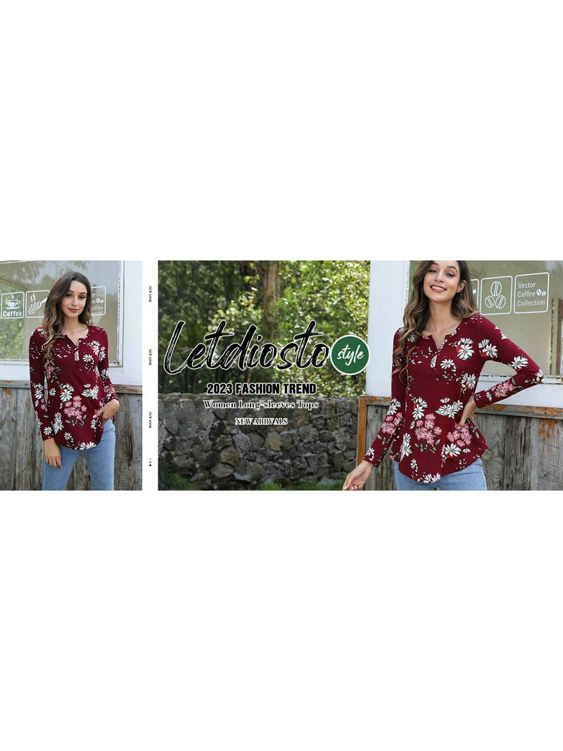 A.Jesdani Plus Size Tunic Top - Long Sleeve Floral Printed Henley V-Neck Shirt For Women (Carbon-purple Grey, 1X)
