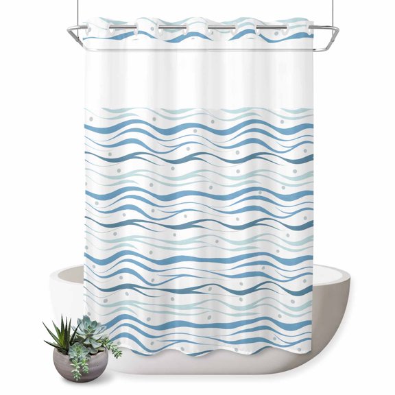 No Hook Shower Curtain, Blue Stripes Shower Curtains for Bathroom with See Through Top Window, Modern Gradient Abstract Ocean Waves Lines Waterproof & Washable Bath Curtain Extra Long 72"x96"