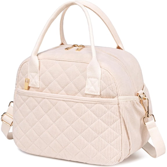 PLERISE Insulated Lunch Bag for Women, Quilted Lunchbox Cooler Tote with Leakproof Thermal Lining, Reusable Beige Lunch Bag for Work, School, Travel & Picnic