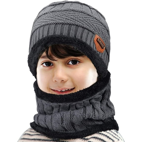 GRNSHTS Kids Winter Knitted Hat and Fleece Neck Warmer Scarf Set for Boys Girls Age 5-10 (Grey)